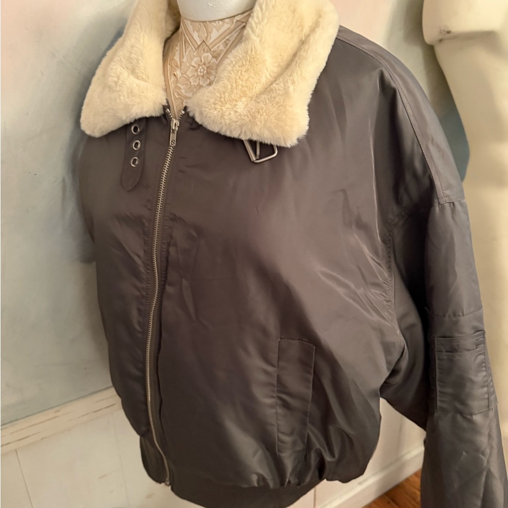 Lioness Gray Bomber Jacket with Cream Collar - Picture 5 of 15